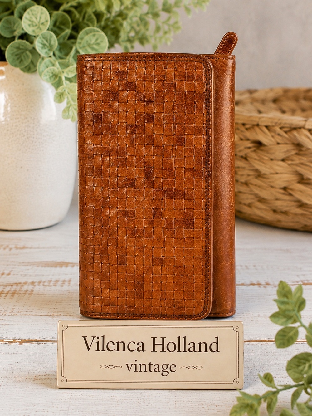Vilenca Holland Brown Woven Leather Trifold Wallet Clutch Organizer Vintage